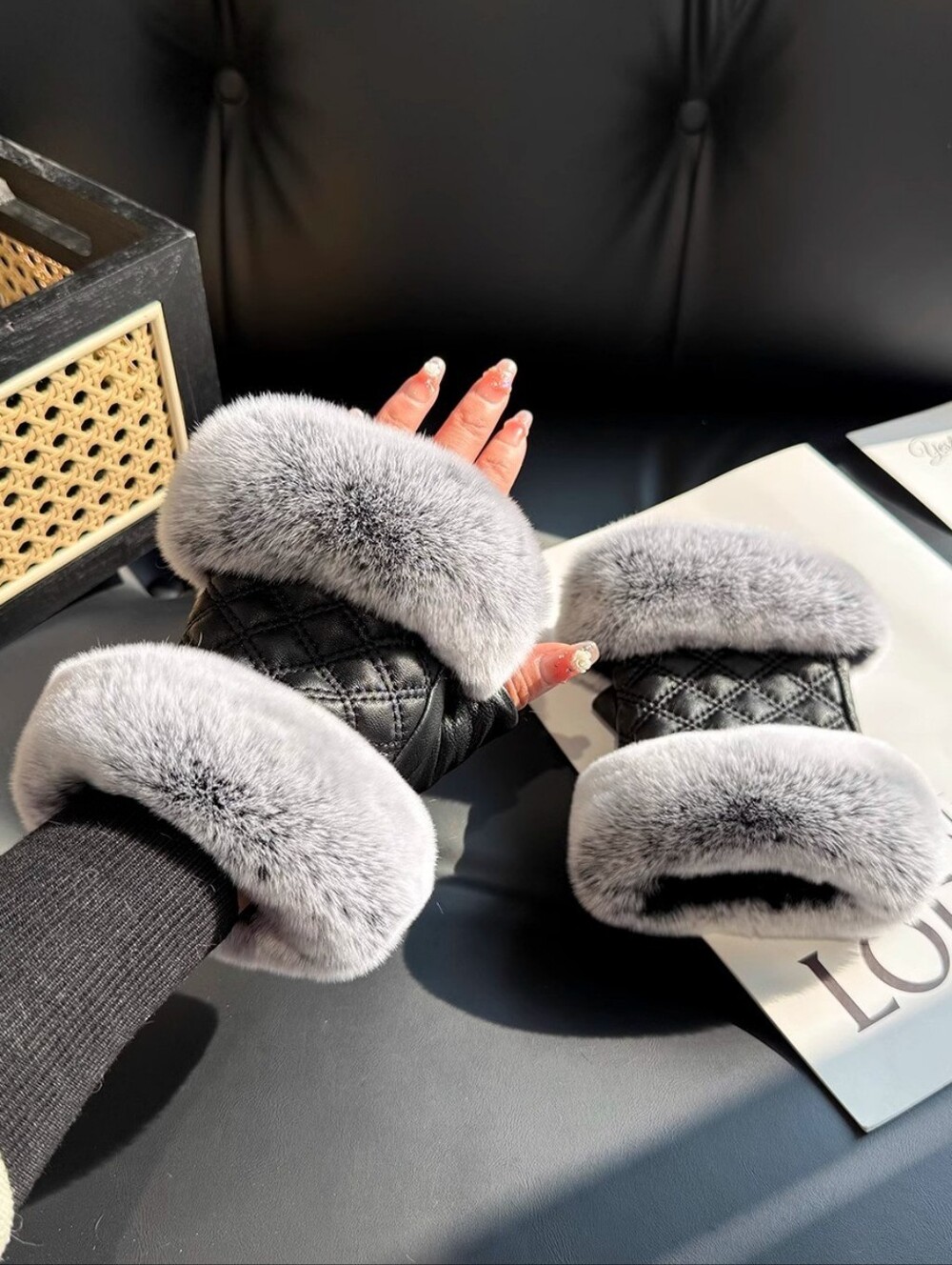 Genuine Sheepskin Leather Fingerless Gloves with Real Rex Rabbit Fur